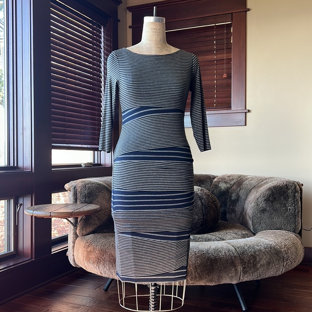 Bailey 44 Navy and Gray Striped Midi Sheath Dress